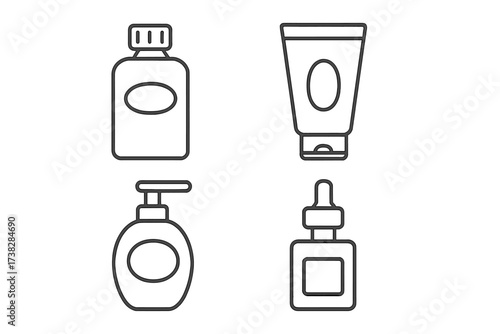 Cosmetic bottle line icon set. Skincare packaging collection. Beauty product container symbols. Vector illustration of lotion tube, soap pump dispenser, cream jar, serum dropper.