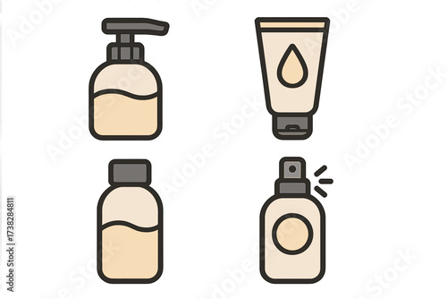 Cosmetic bottle icon set. Vector illustration of beauty product packaging. Includes pump dispenser for lotion or soap, cream tube, and spray bottle for skincare or hair care.