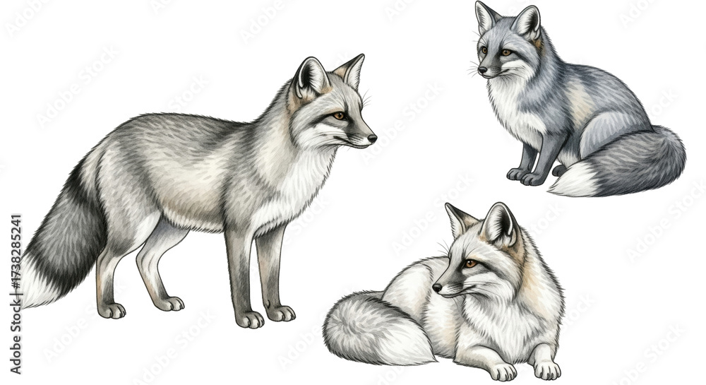 Obraz premium Isolated Group of Gray Foxes Digital Illustration, standing, sitting, laying down, mammal art