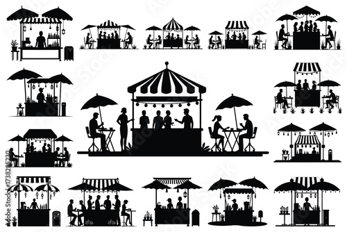 Silhouette collection of outdoor food and drink stalls with people