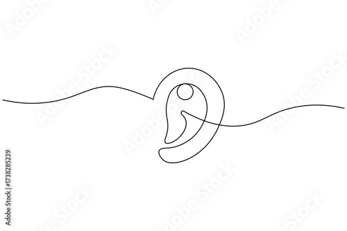 Minimalist continuous one line drawing of a human ear with sound waves, symbol of hearing, listening, and communication