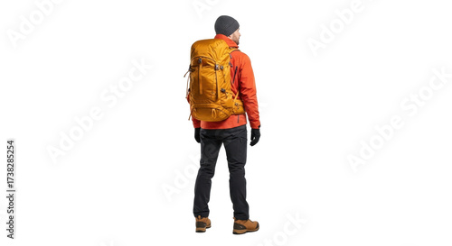 Isolated man wearing hiking clothes and a backpack for trekking or travel, standing back