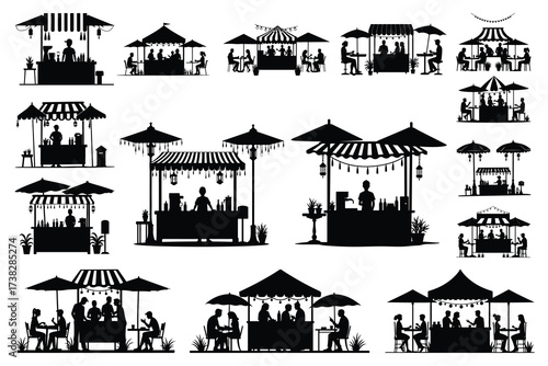 Silhouette food stalls with people dining and vendors