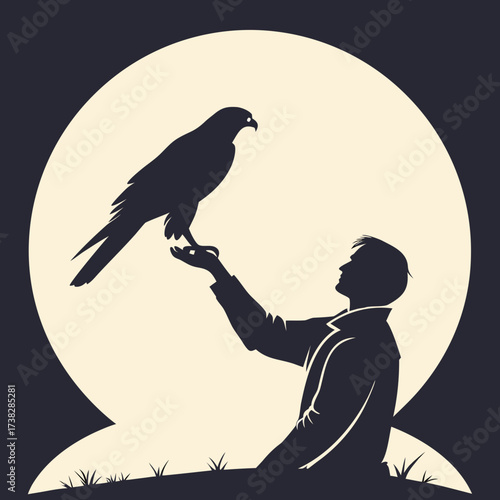 Silhouette of a man with a falcon perched on his hand in front of moon