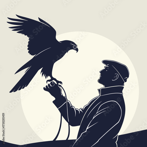 Silhouette of falconer with falcon on hand against the moon at night