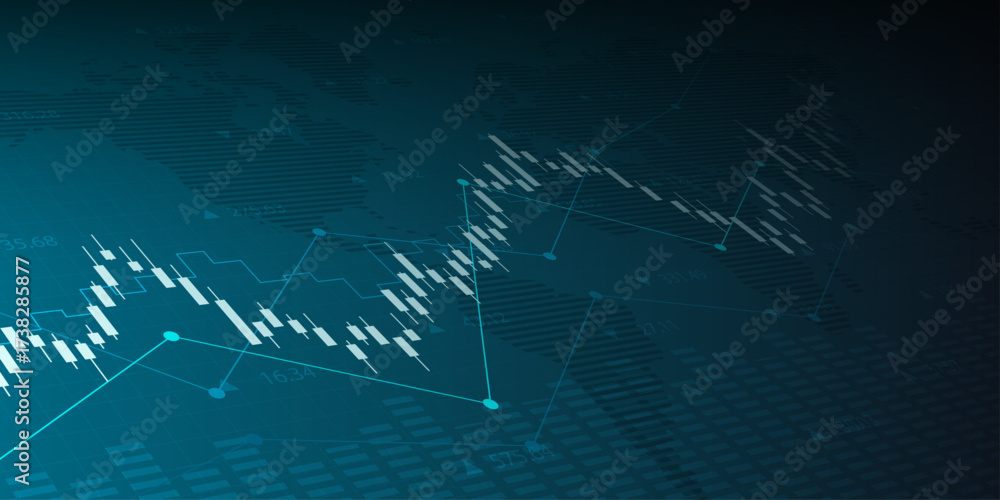 Naklejka premium Financial graph with up trend line candlestick chart in stock market and world map on blue color background