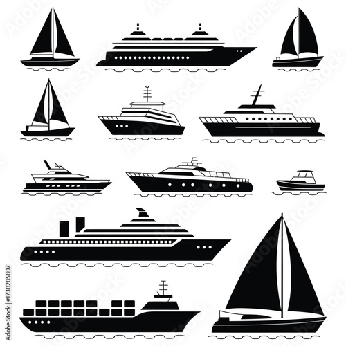Diverse Collection of Black Ship Silhouettes on Water 