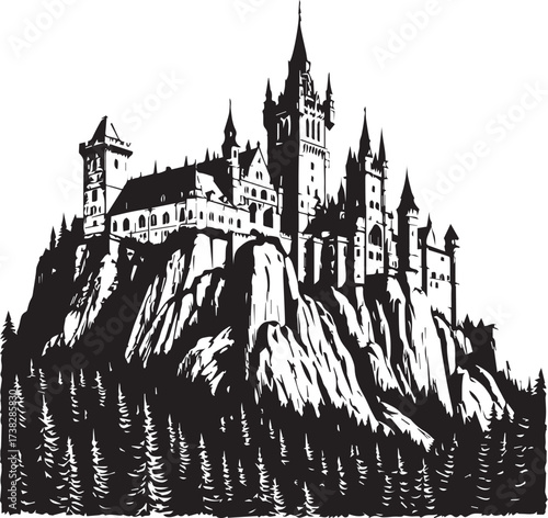 Fantasy castle on rocky mountain with pine forest vector illustration for medieval and storytelling themes