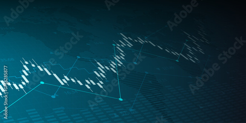 Financial graph with up trend line candlestick chart in stock market and world map on blue color background