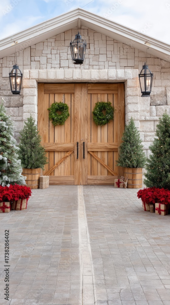 Fototapeta premium Beautiful entrance with wooden doors adorned with wreaths and festive decorations during the holiday season