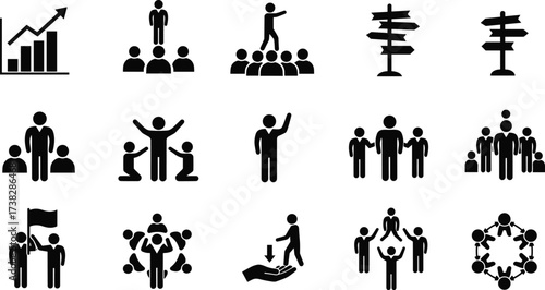 Black vector icons set of people silhouettes and a cross symbol for business and religion design illustration