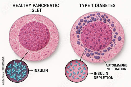 Microscopic comparison of a healthy pancreatic islet and an islet affected by Type 1 Diabetes, illustrating autoimmune infiltration and insulin depletion.