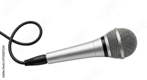 Cuadro en lienzo Isolated silver handheld microphone with long curly cord ready for singing or pu