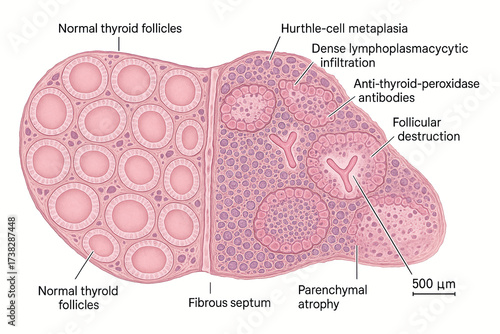 Microscopic view of Hashimoto's thyroiditis showing normal thyroid follicles and diseased tissue with inflammation and cellular changes.