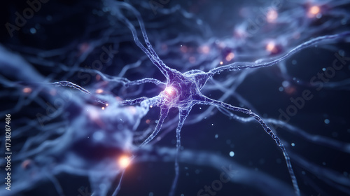 Detailed 3D rendering of interconnected neurons firing electrical signals in a complex brain network
