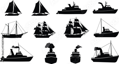 Collection of black silhouettes of various types of boats and ships Keywords: boat, ship, silhouette