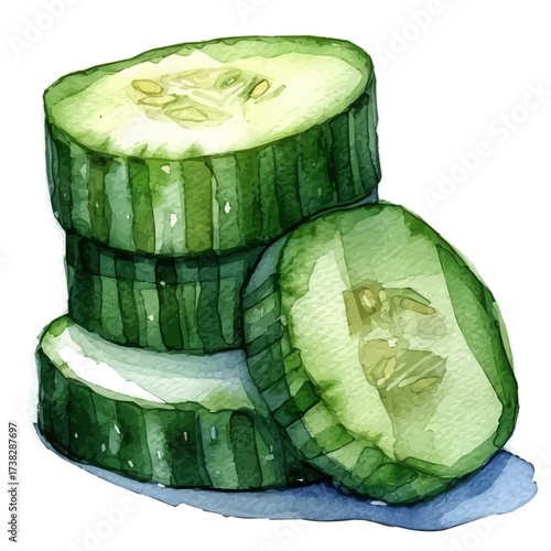  2D design Vector illustration, My Watercolor, hand-painted, simple, flat sliced cucumber rounds painting illustration isolated on a white background, EPS format design. vector illustration