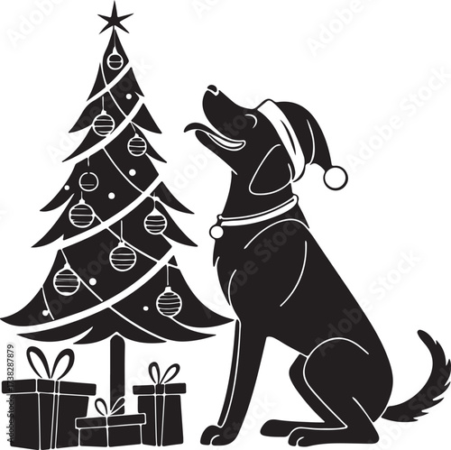 Vector silhouette of a playful dog wearing a Santa hat