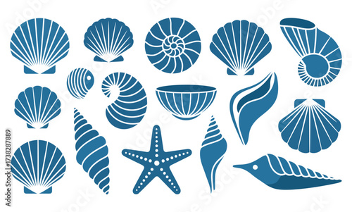 Assortment of Blue Seashells and Marine Life Illustrations ocean collection