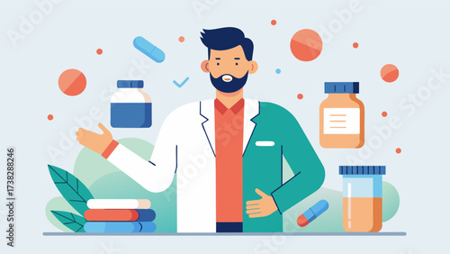 In a doctors office a man confidently declines a prescription for unnecessary dietary supplements trusting in his bodys natural ability to heal.. Vector illustration