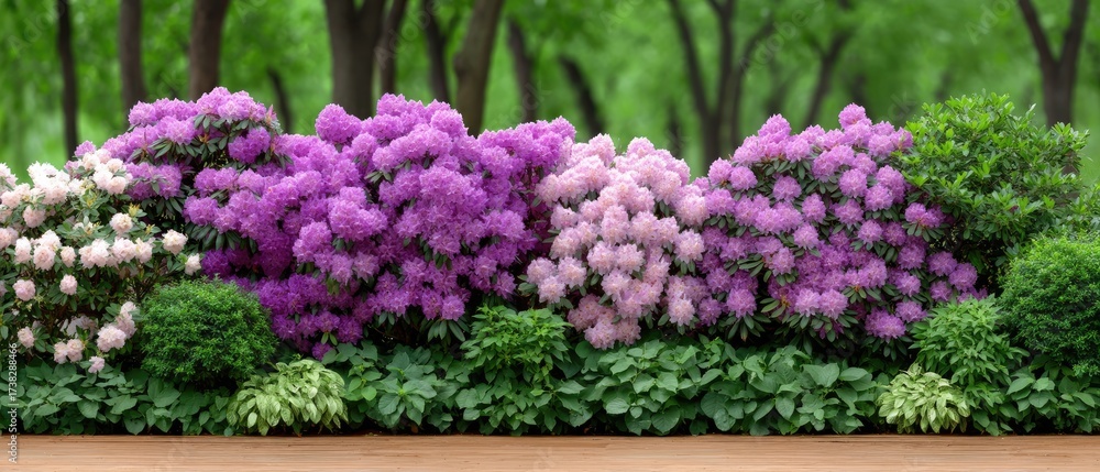 Obraz premium Vibrant display of blooming rhododendrons in a well-maintained garden during springtime