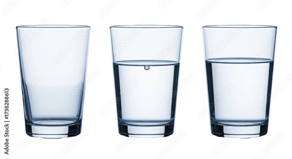 Fototapeta premium Isolated Still Life of Drinking Glasses Filled with Water, Full, Half, and Empty, Transparent