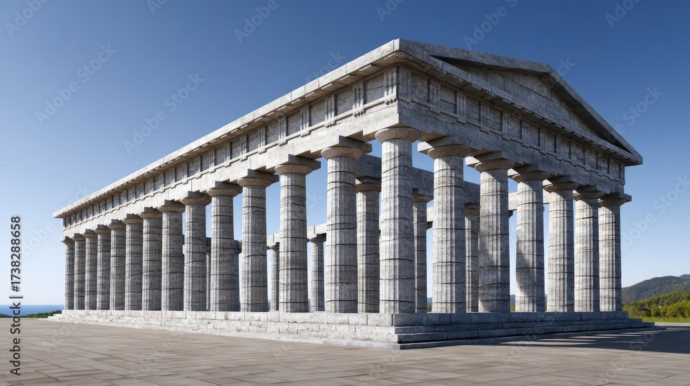 Obraz premium Historic temple stands majestically against a clear blue sky near the coast with ancient columns and impressive architecture