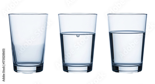 Canvastavla Isolated Still Life of Drinking Glasses Filled with Water, Full, Half, and Empty