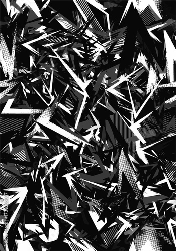 Abstract black and white geometric chaos. Dynamic shattered pattern with sharp, fragmented shapes and modern distressed graphic background.