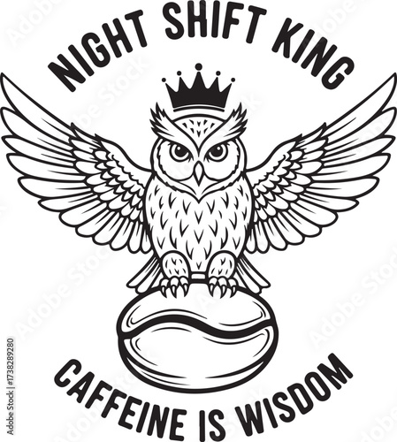 Night shift king owl with coffee bean and crown on transparent background silhouette