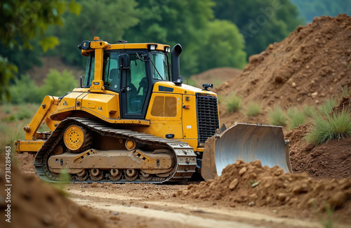 Wallpaper Mural Yellow bulldozer operates on construction site, moving dirt around. Heavy machine levels ground near green trees, preparing land. Building development often begins, clearing earth for future Torontodigital.ca