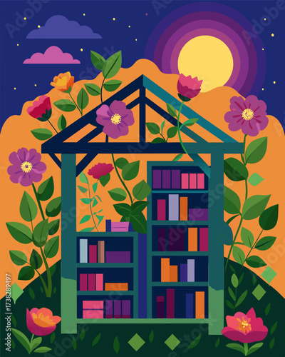 A secret garden library hidden behind a trellis covered in vibrant flowers its solarpowered lights illuminating the shelves as the sun sets.. Vector illustration