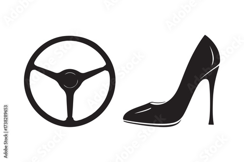 Classic steering wheel and high heel shoe silhouette