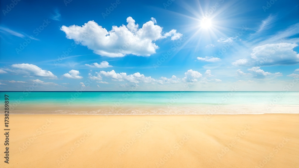 Fototapeta premium Sandy beach with turquoise water and bright sun ocean