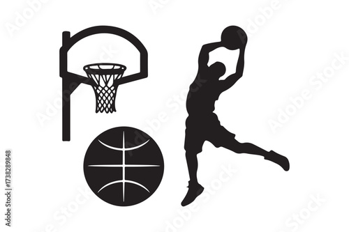 Silhouette of a basketball player dunking with hoop and ball
