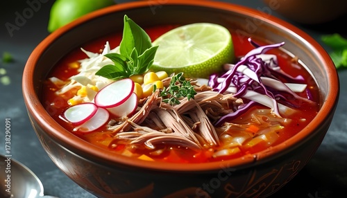 A delicious and hearty bowl of traditional mexican pozole rojo soup filled with tender shredded pork hominy and garnished with fresh lime radish cabbage and cilantro