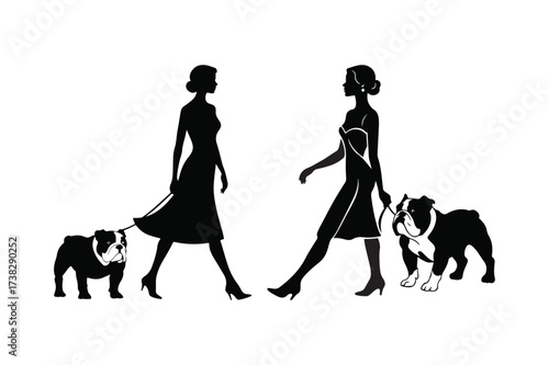 Silhouettes of women walking bulldogs on leashes