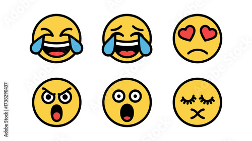 Vector art of collection of six expressive yellow emoji faces showcasing a range of emotions