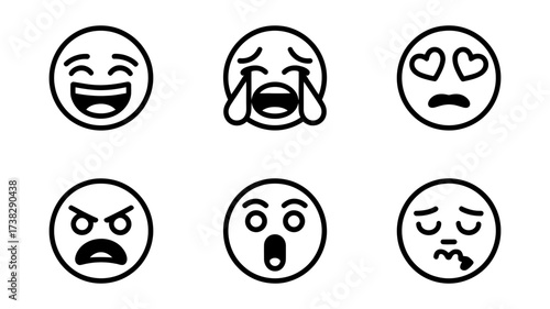 Vector art of emoji set with different facial expressions, including laughing, crying, love, anger, surprise, and sadness