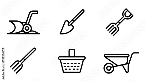 Vector Illustration of various gardening tools, including a plow, shovel, pitchfork, basket, and wheelbarrow for planting
