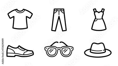 Vector art of clothing and accessories icons tshirt, jeans, dress, shoe, glasses, and hat in a simple, minimalist style