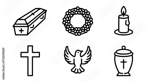Vector art of funeral and memorial service line art icons, including coffin, wreath, candle, cross, dove, and urn for remembrance
