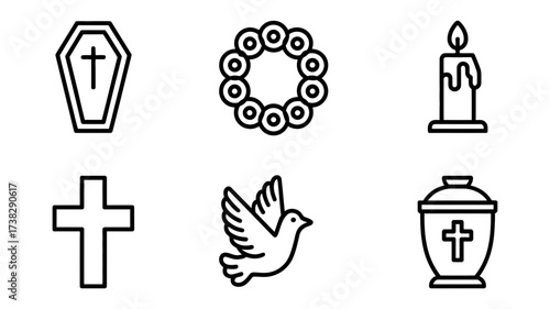 Vector art of funeral and burial line icons collection of coffin, wreath, candle, cross, dove, and urn symbols for memorial service