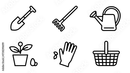Vector art of gardening tools line icons, including shovel, rake, watering can, plant, glove, and basket for planting and cultivation