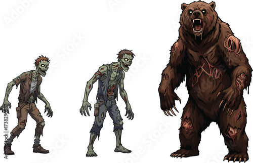 Cartoon zombie characters, scary undead monsters, creepy horror illustration, spooky walking dead artwork, terrifying zombie bear beast, Halloween horror vector creature design