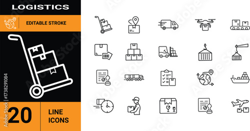 Modern outline vector icon set for logistics, delivery, and transportation. Essential elements for supply chain management in web and mobile applications