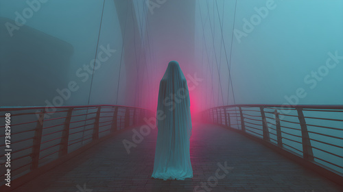 Holographic ghost bride drifting across skyscraper bridge, rim key glow, selective focus blur, silky translucent sheen. Analogous teal-magenta palette, 