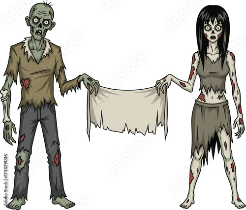 Cartoon zombie couple illustration, creepy undead man and woman, scary horror artwork, spooky monster design, Halloween undead characters, holding blank banner