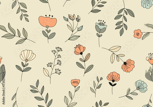 Watercolor pastel pink, lilac, and mint green flowers and leaves on a white background, Flower seamless pattern. Watercolor print in rustic vintage style, textile or wallpapers.