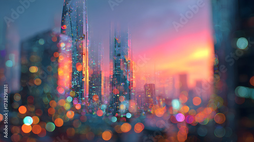Holographic ghost drifting above skyscraper rooftop, bokeh depth layering, selective focus, high-key neon atmosphere, analogous color harmony, 